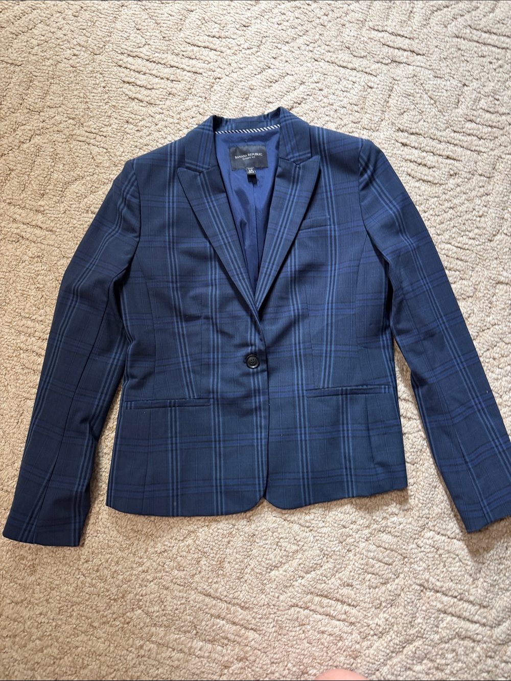 Banana Republic Navy Blue Plaid One-Button Blazer